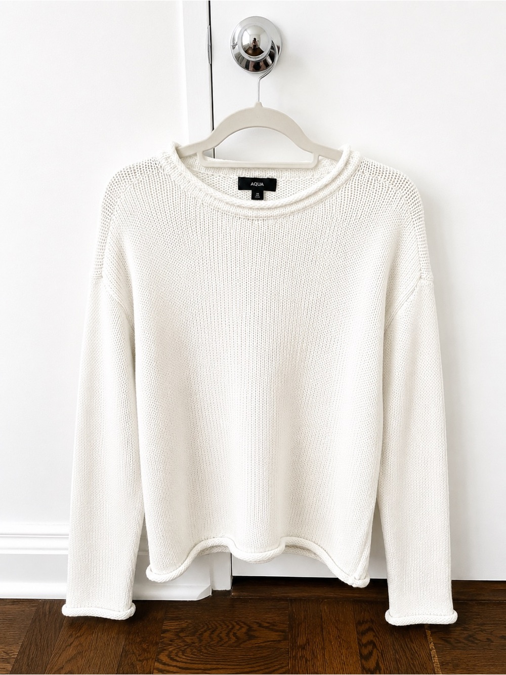 AQUA Bloomingdale’s 100% Cotton Roll Hem Sweater XS Ivory